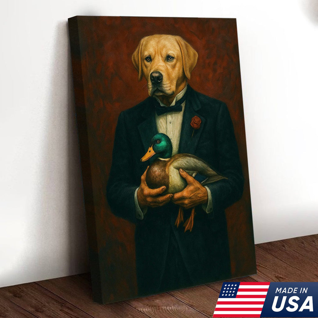 Yellow Labrador Retriever Canvas Wall Art – Distinguished Dog in Tuxedo Holding Mallard Duck