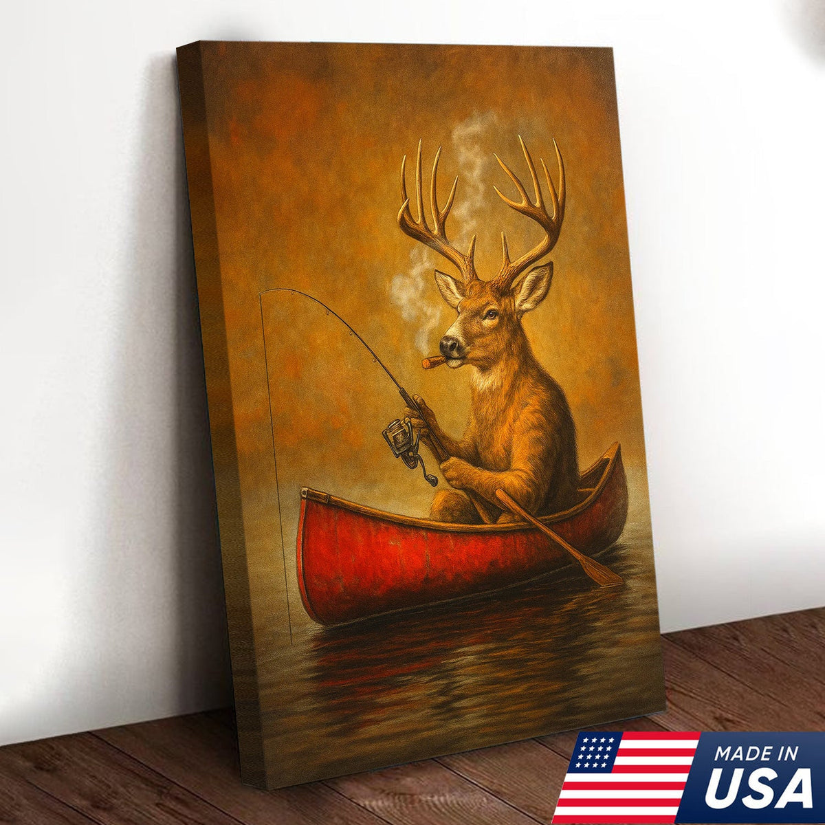 Funny Mule Deer Fishing Canvas Wall Art, Rustic Cabin & Lodge Decor for Hunters