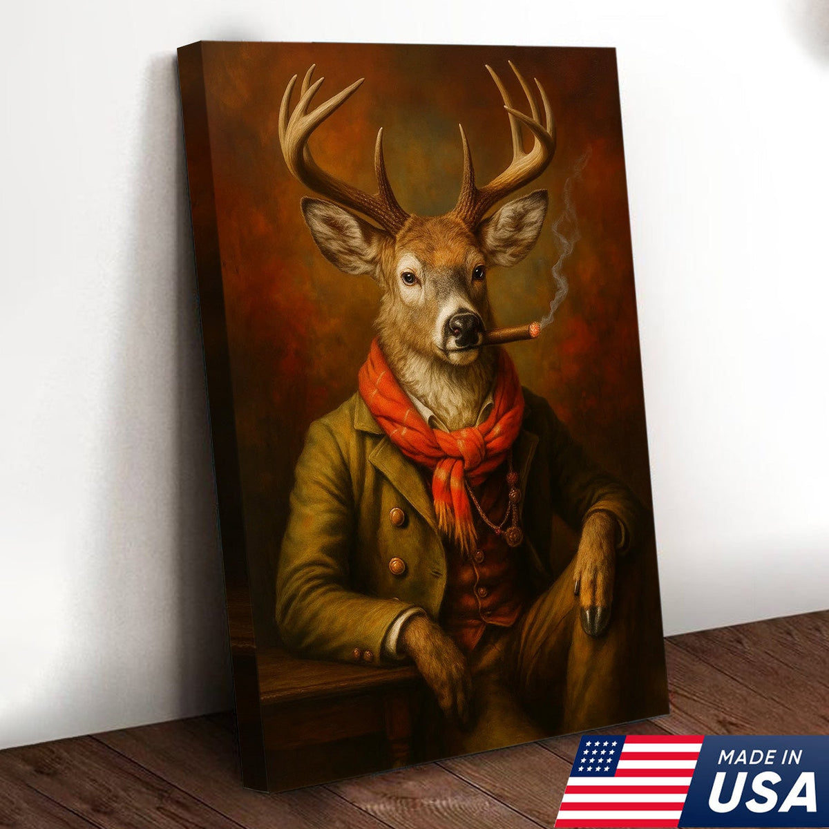Vintage Deer Canvas Wall Art - Gentleman Stag with Smoking Wall Decor – Rustic Hunting Lodge