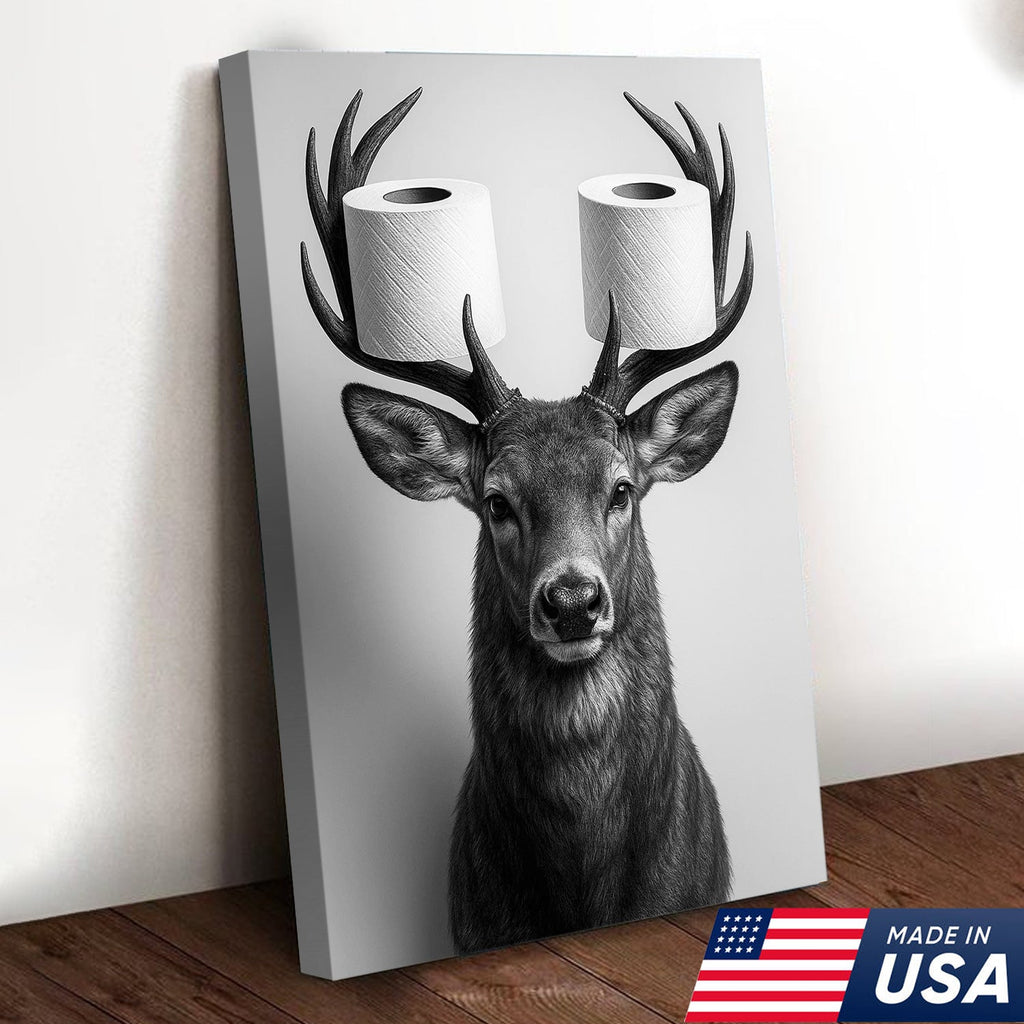 Deer Canvas Wall Art - Funny Animal Portrait with Toilet Paper on Antlers