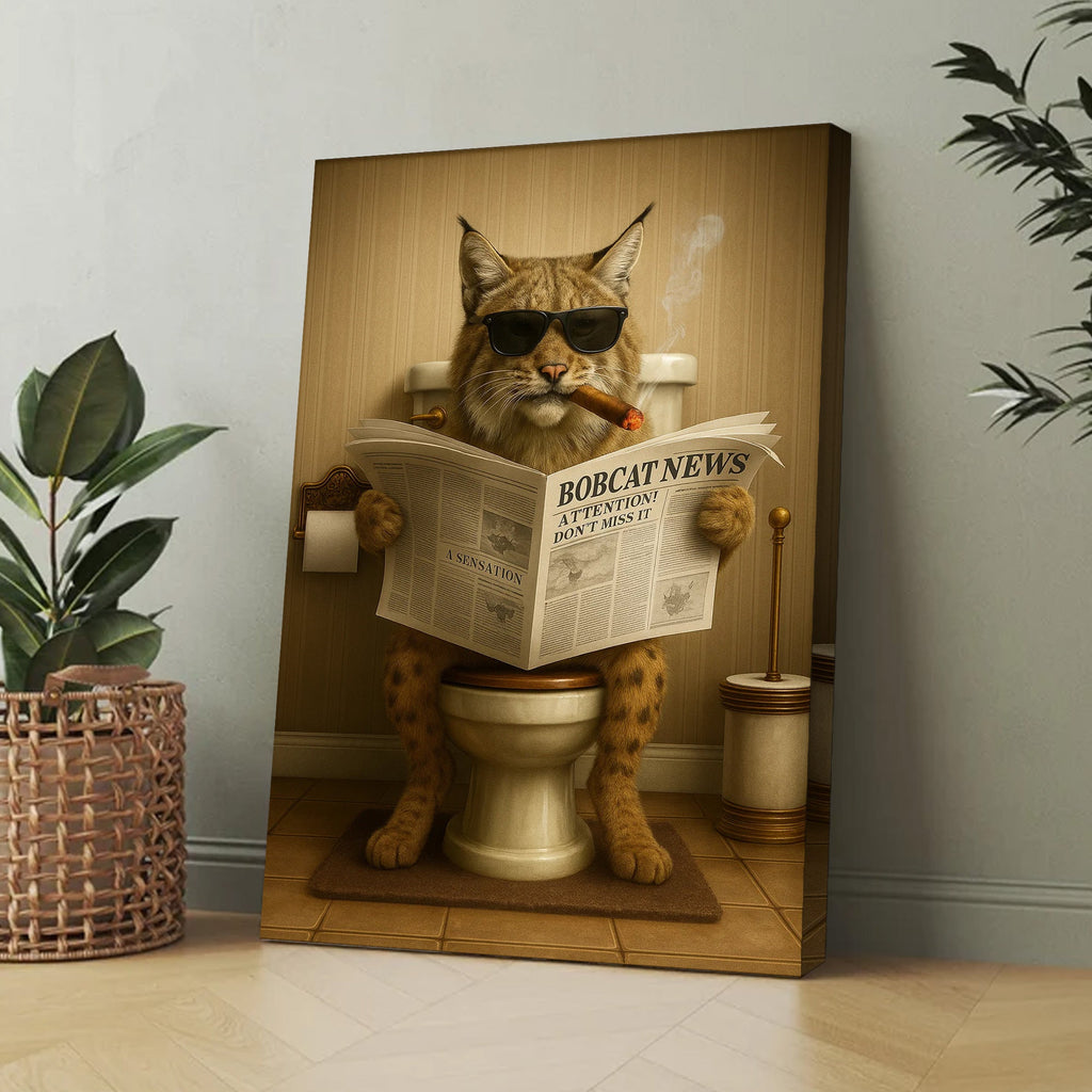 Funny Bobcat Bathroom Wall Art – Rustic Wildlife Decor for Men, Hunting Cabin Canvas