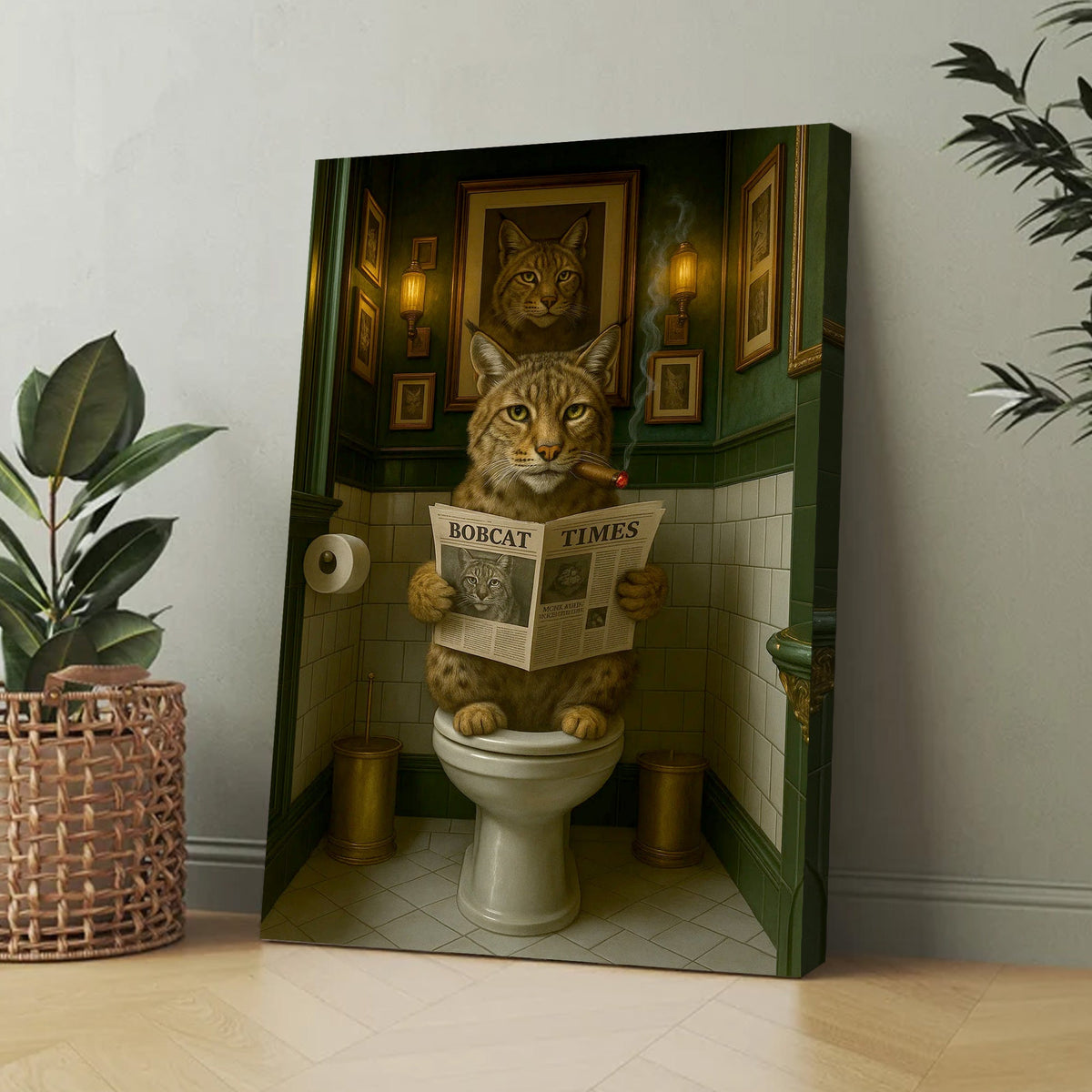 Funny Rustic Bobcat Wall Art Canvas – Smoking-Smoking Wild Cat Reading Newspaper