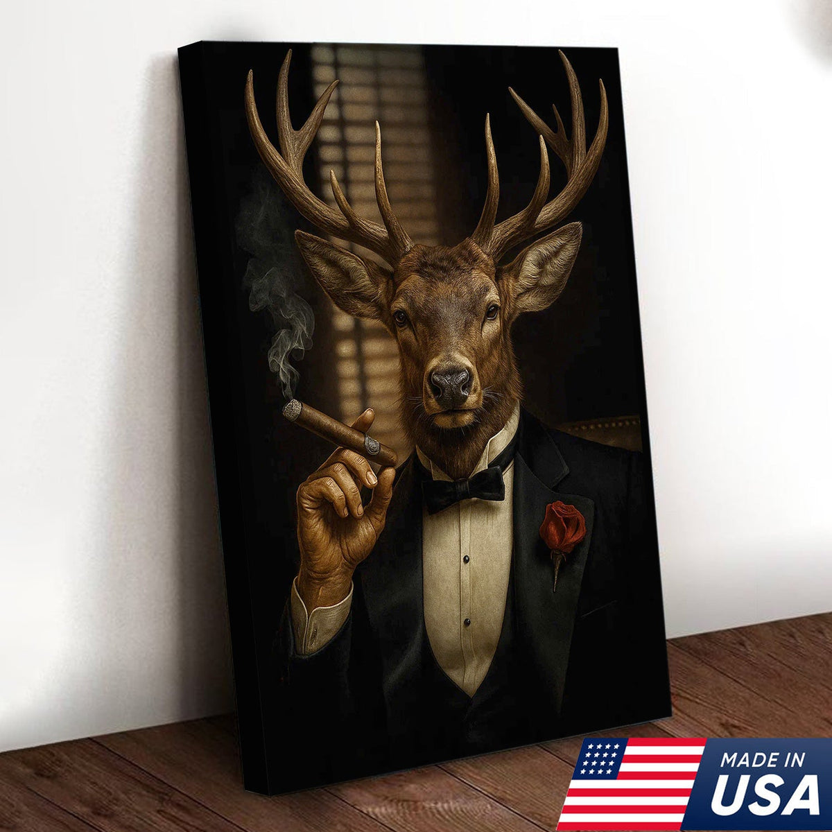 Deer in Tuxedo Canvas Wall Art – Elegant Deer Portrait, Vintage Noir Animal Print