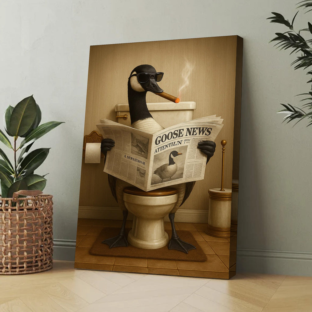 Funny Goose Read Newspaper Bathroom Canvas Wall Art – Hunting Wildlife Animal Canvas