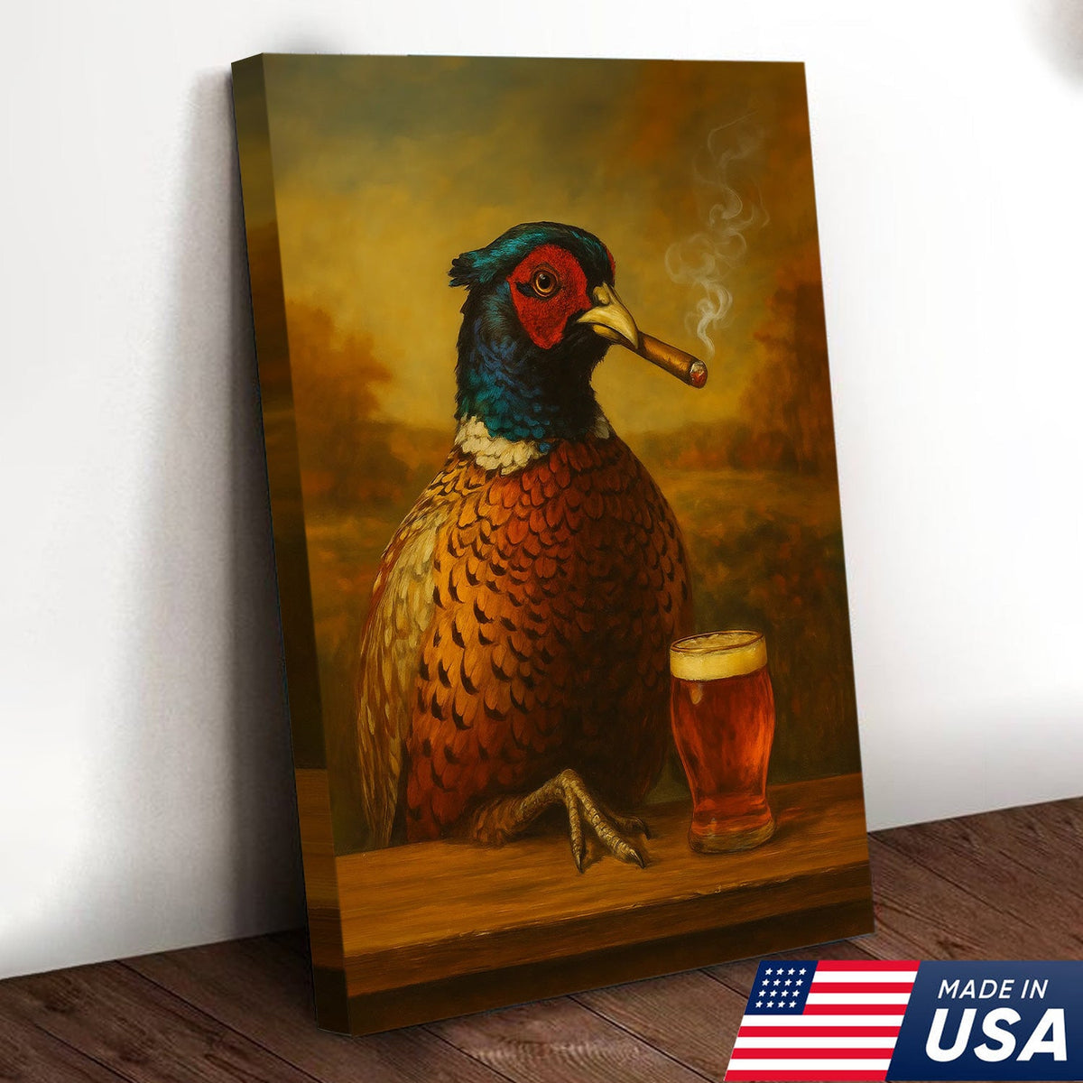 Pheasant With Smoking & Cocktail Glasses Canvas – Hunting Lodge Decor Perfect Gift for Hunters