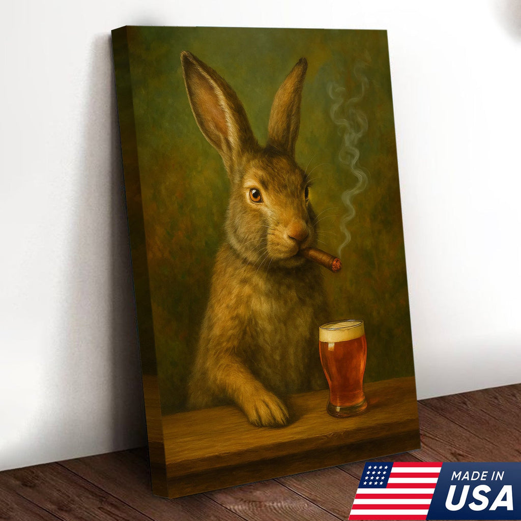Funny Rabbit Smoking and Drinking Cocktail Glasses Canvas Wall Art – Rustic Cabin Decor
