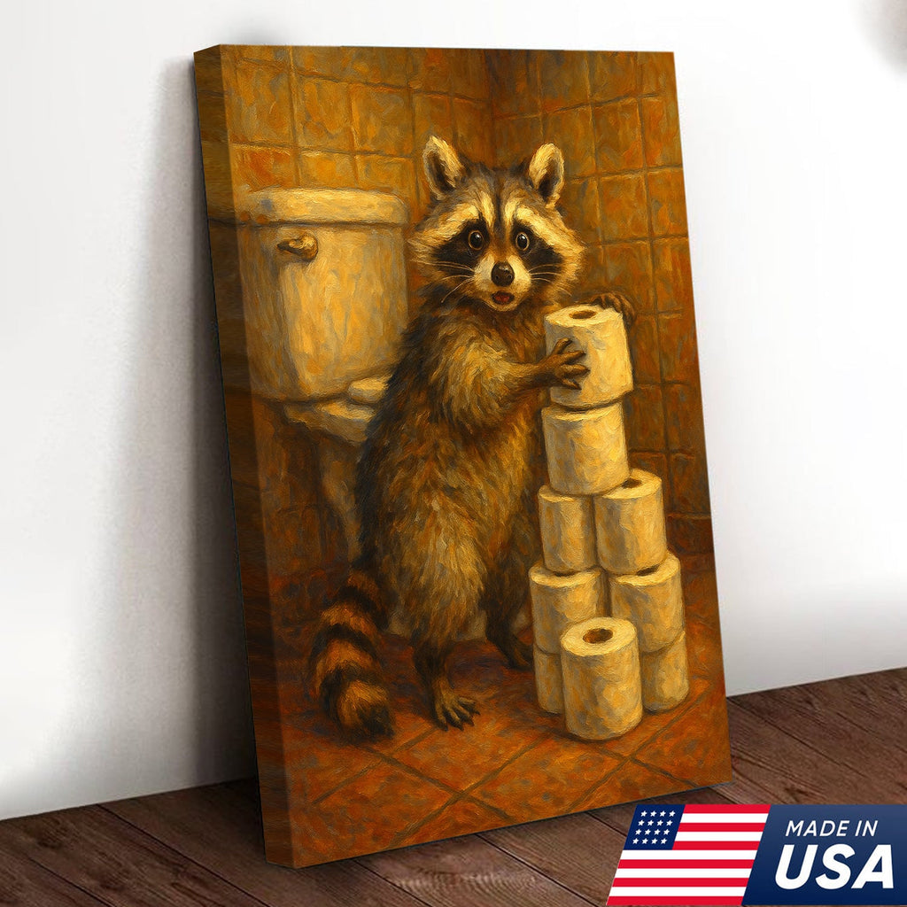 Funny Raccoon Canvas Wall Art – Cute Animal Bathroom Decor with Toilet Paper