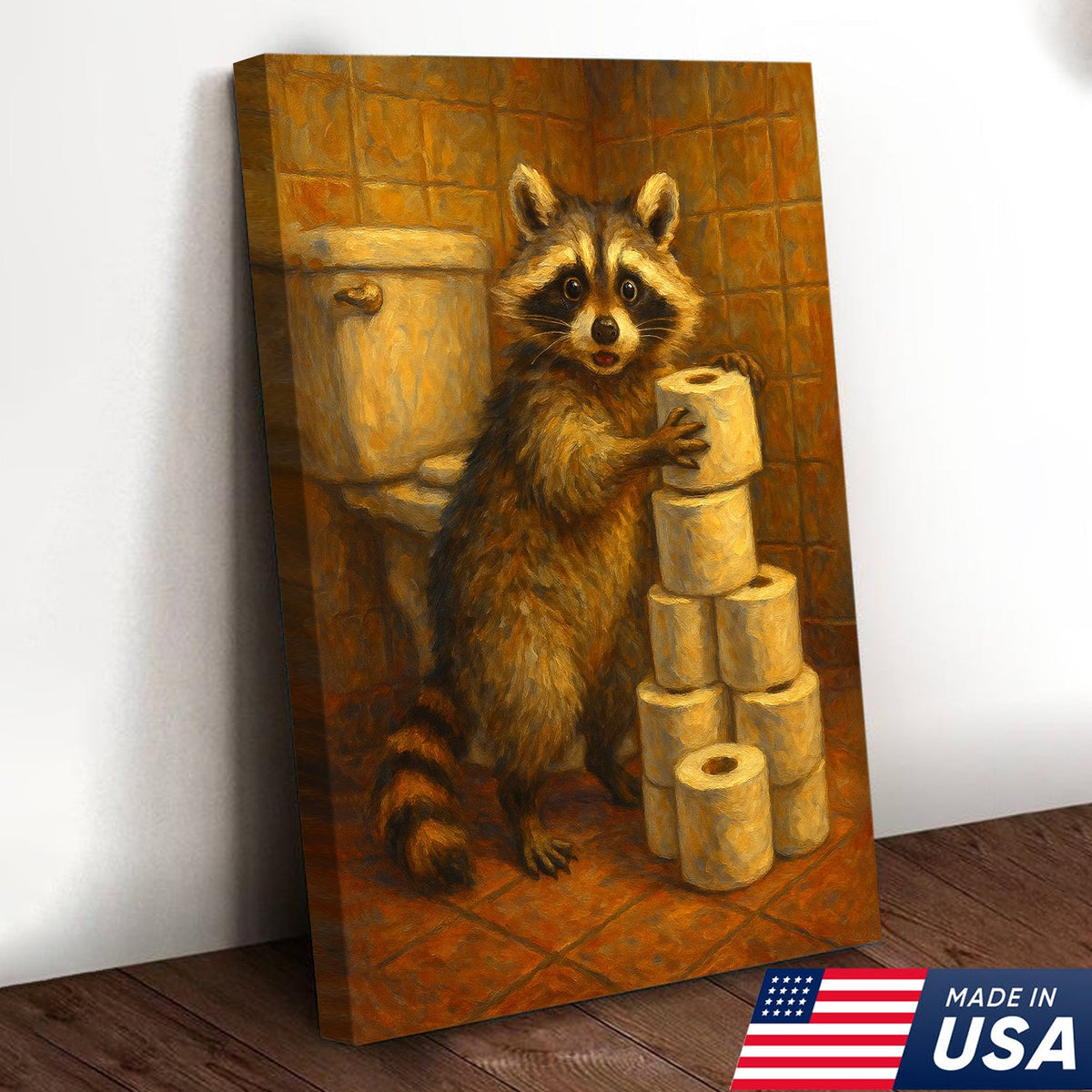 Funny Raccoon Canvas Wall Art – Cute Animal Bathroom Decor with Toilet Paper