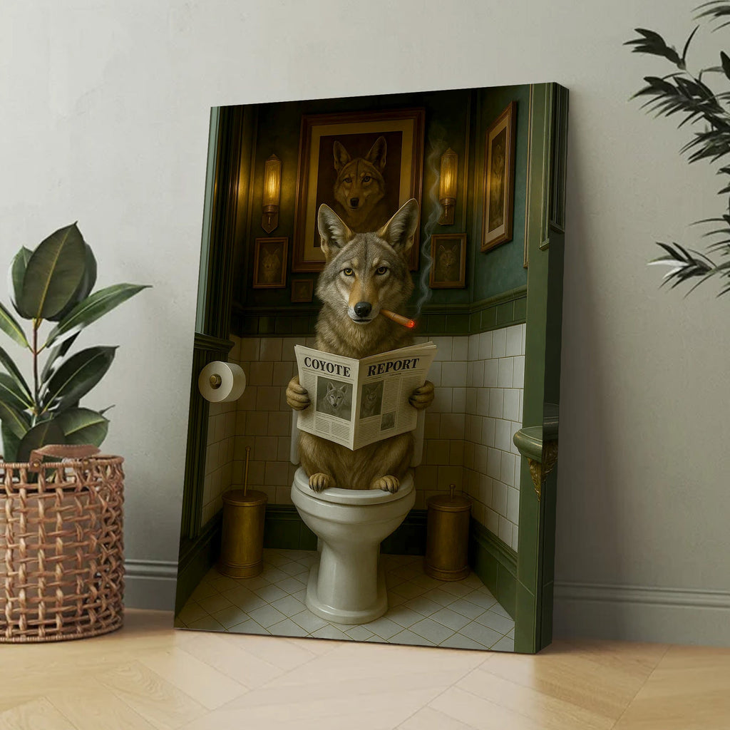 Funny Coyote Bathroom Canvas – Wild Dog on Toilet Reading Newspaper - Wolf Coyote