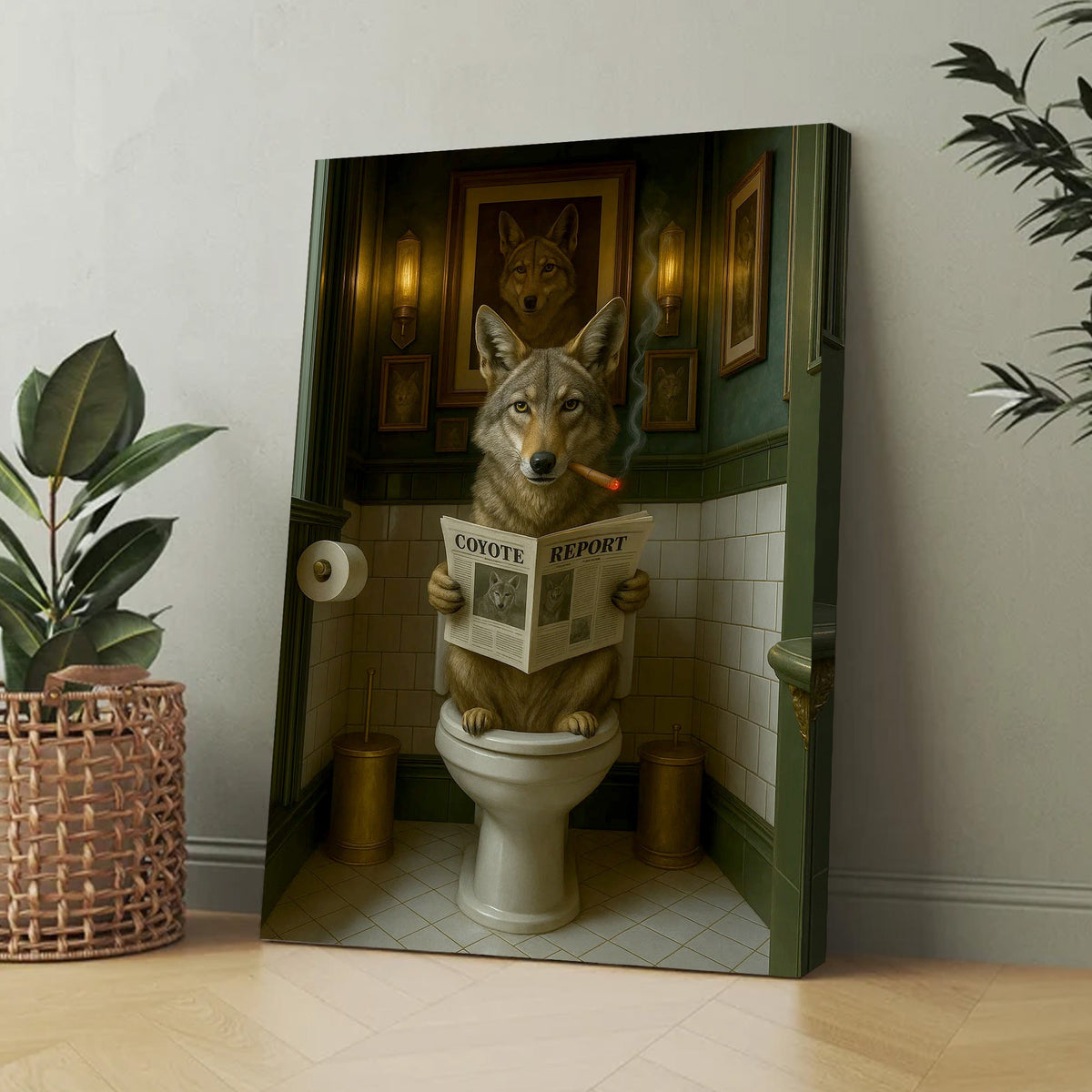 Funny Coyote Bathroom Canvas – Wild Dog on Toilet Reading Newspaper - Wolf Coyote