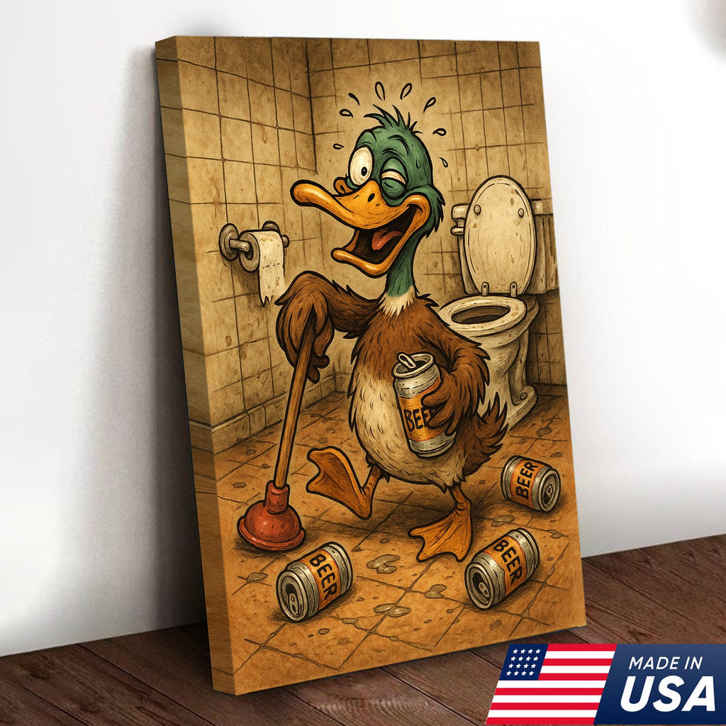 Funny Duck Canvas Wall Art – Hilarious Bathroom Decor with Soda Cans and Plunger