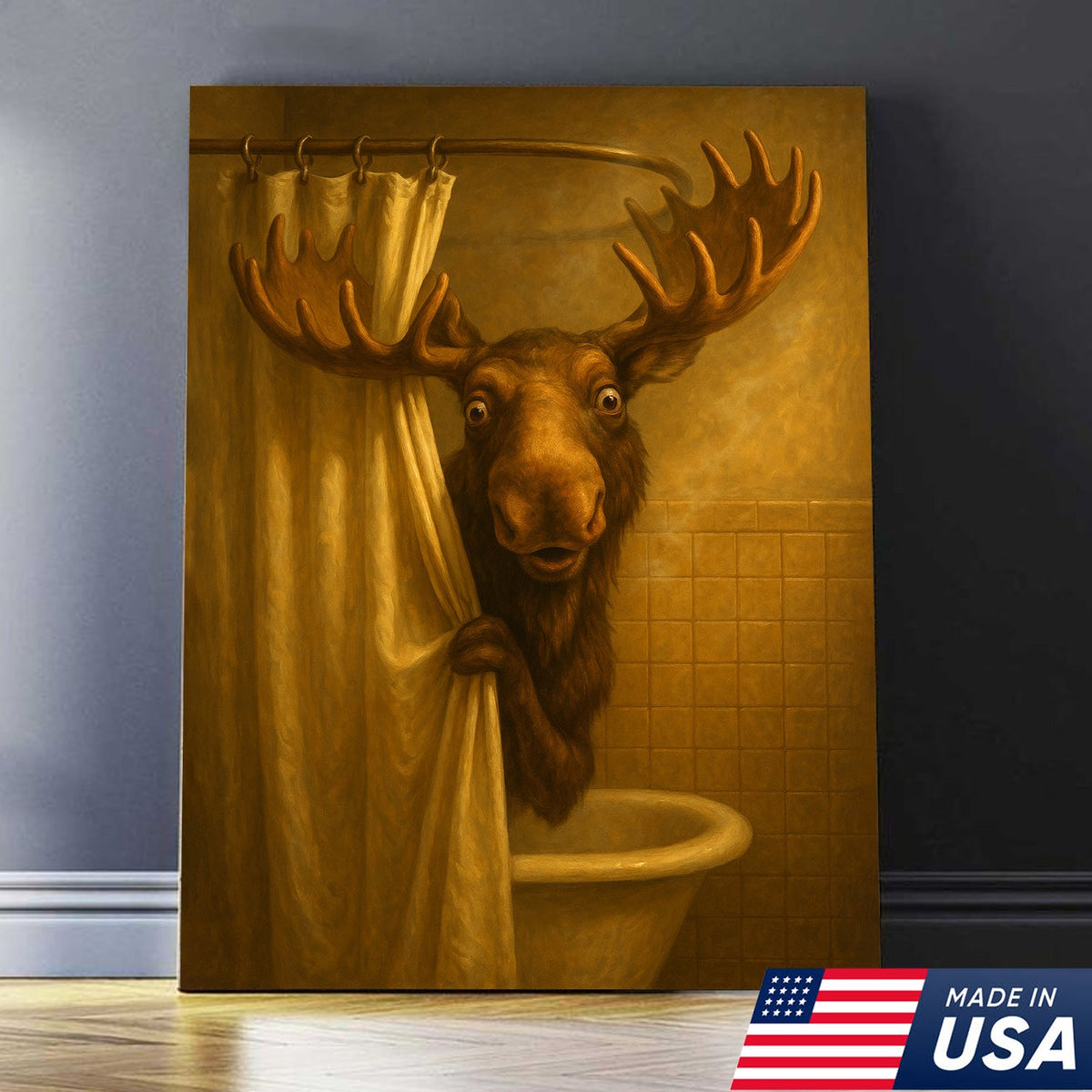 Funny Moose Bathroom Canvas Wall Art – Rustic Lodge Cabin Decor for Bathroom