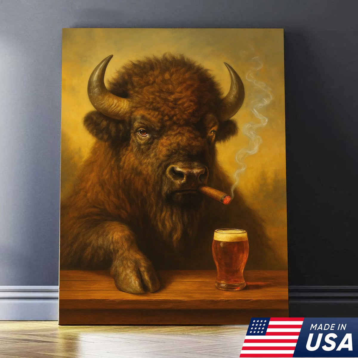 Funny Bison Smoking & Drinking Canvas Wall Art - Rustic Bar & Hunting Lodge Decor