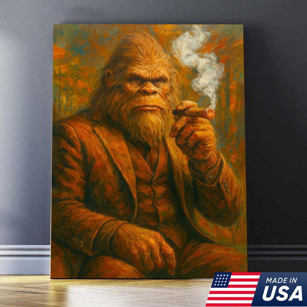 Bigfoot Smoking Canvas, Sasquatch Wall Art Print for Man Cave, Rustic Cabin