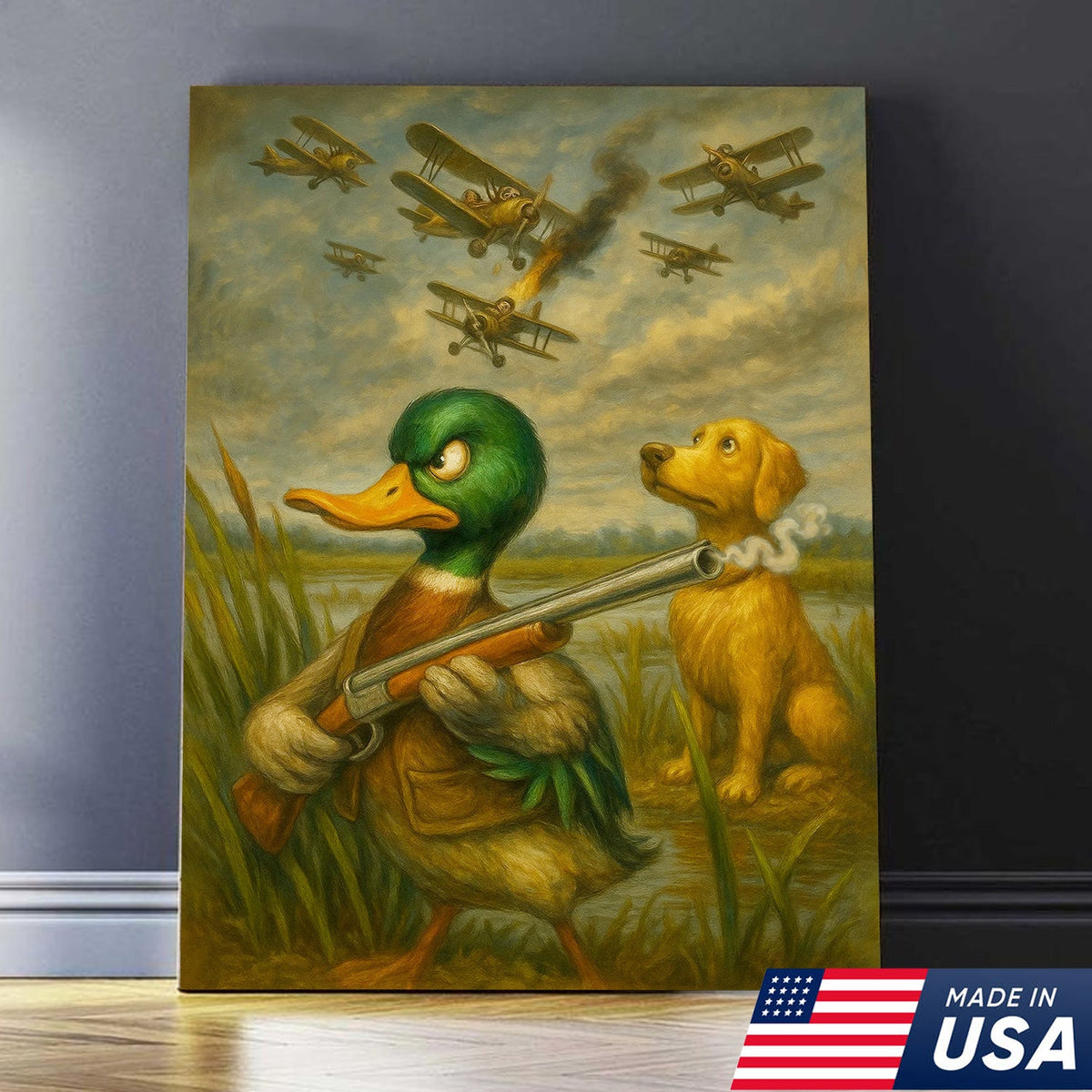 Funny Duck with Shotgun Canvas Wall Art – Hunting Dog & Airplane Battle Rustic Decor