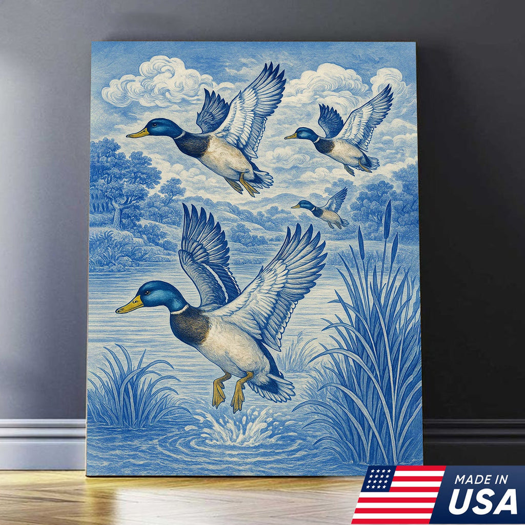 Vintage Mallard Duck Hunting Canvas – Rustic Blue Wildlife Wall Art USA