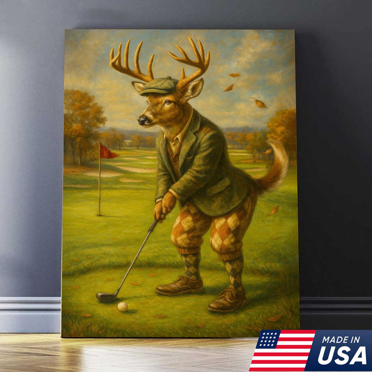 Vintage Deer Golfer Canvas Print – Rustic Funny Lodge Wall Art, Man Cave & Cabin Gift USA