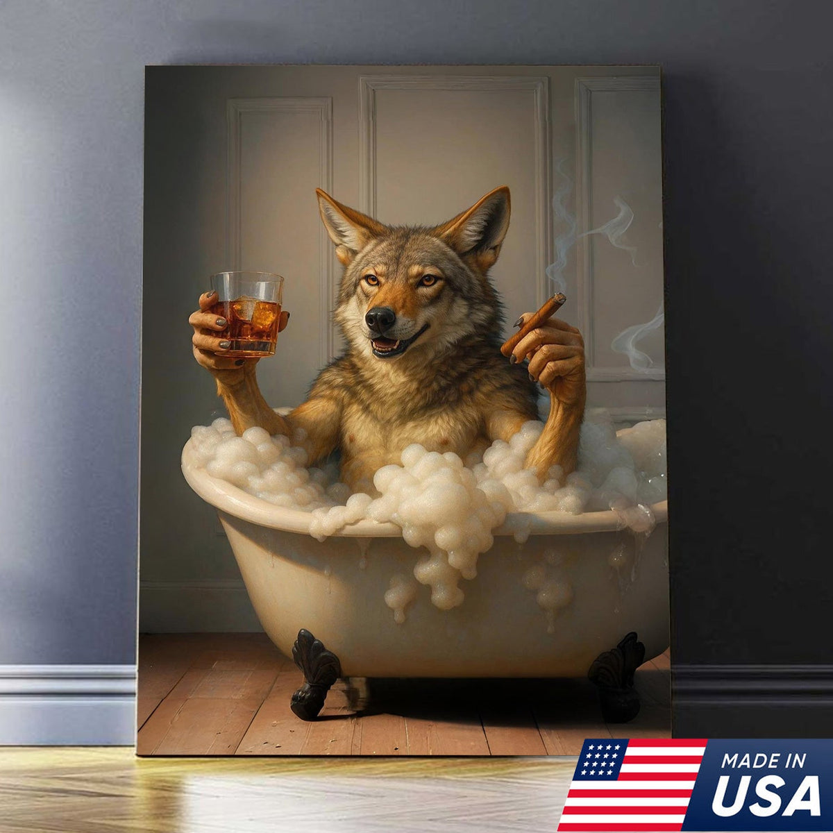 Wolf Coyote Chilling in Bubble Bath Canvas Wall Art – Whimsical Bathroom Decor