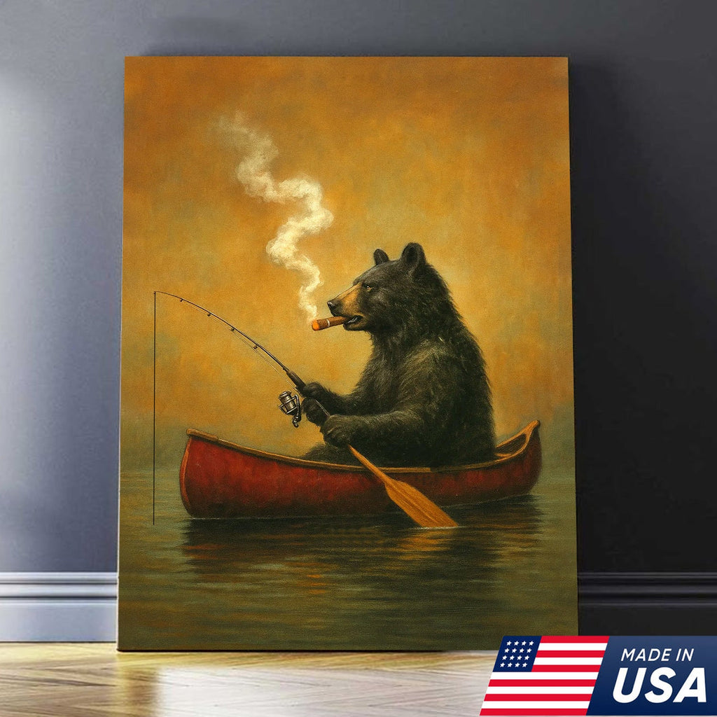 Bear Smoking Fishing Canvas, Funny Lodge Wall Art, Canoe Fishing Rustic Cabin Wall Art