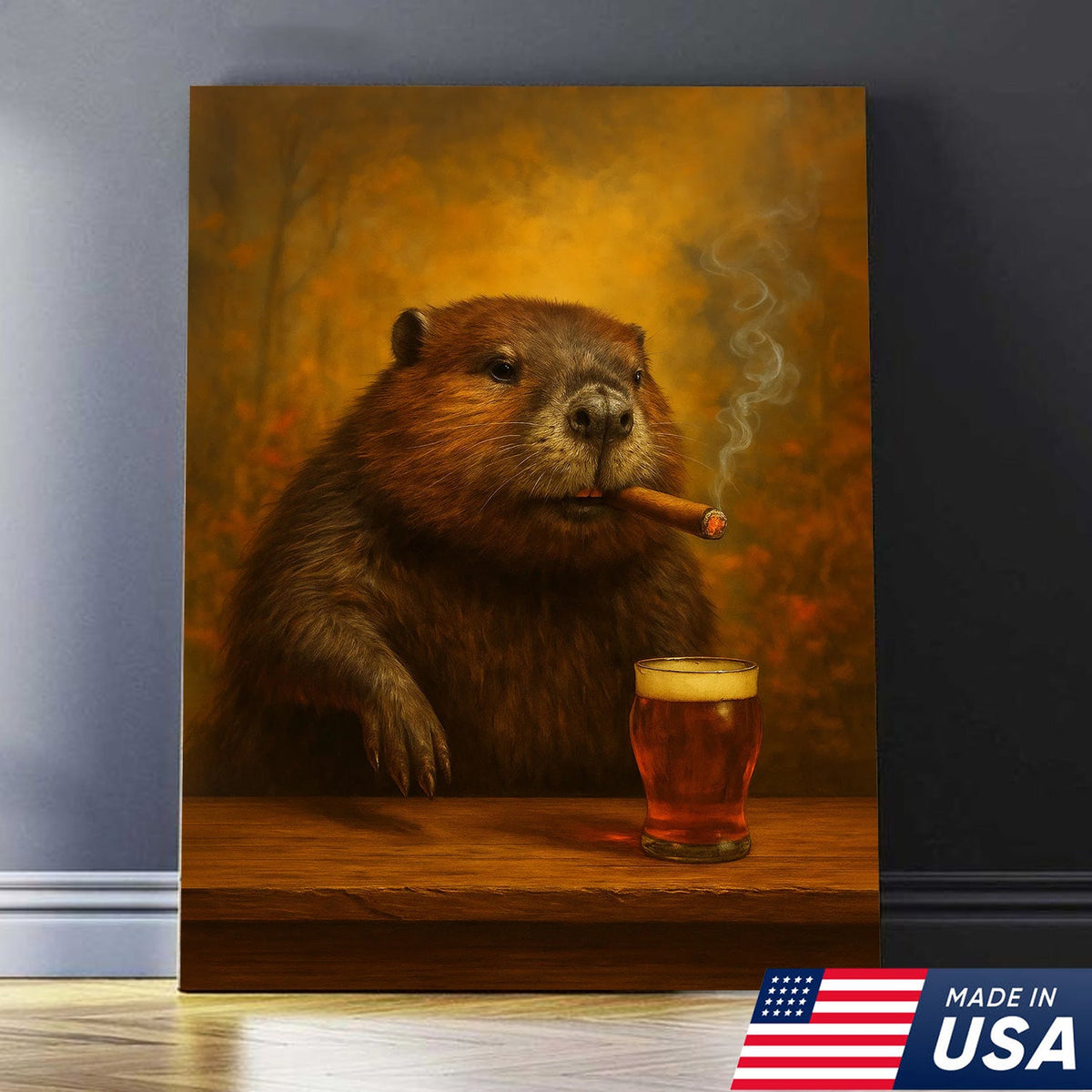 Funny Beaver Smoking with Cocktail Glasses Canvas – Rustic Cabin & Hunting Lodge Wall Art