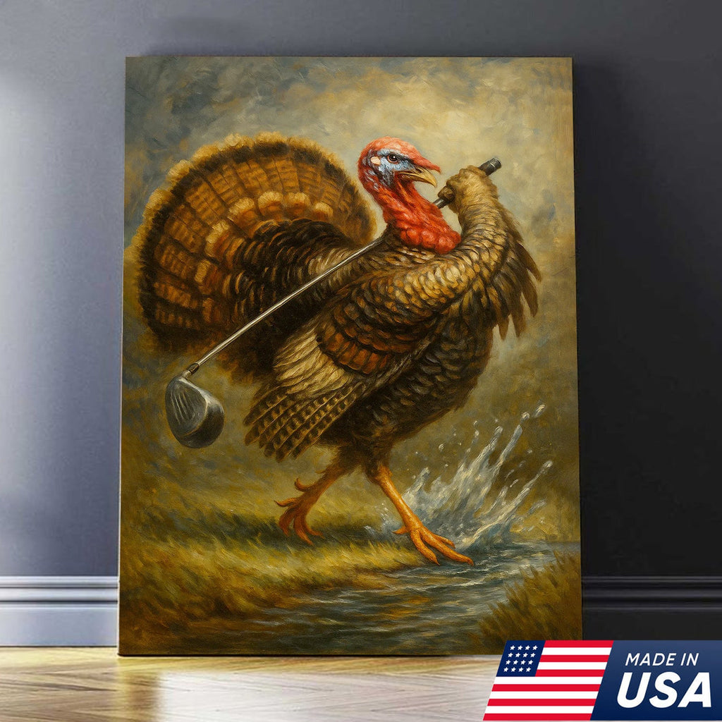 Funny Turkey Playing Golf Canvas Wall Art – Rustic Cabin Lodge Decor, Man Cave & Golfer Gift