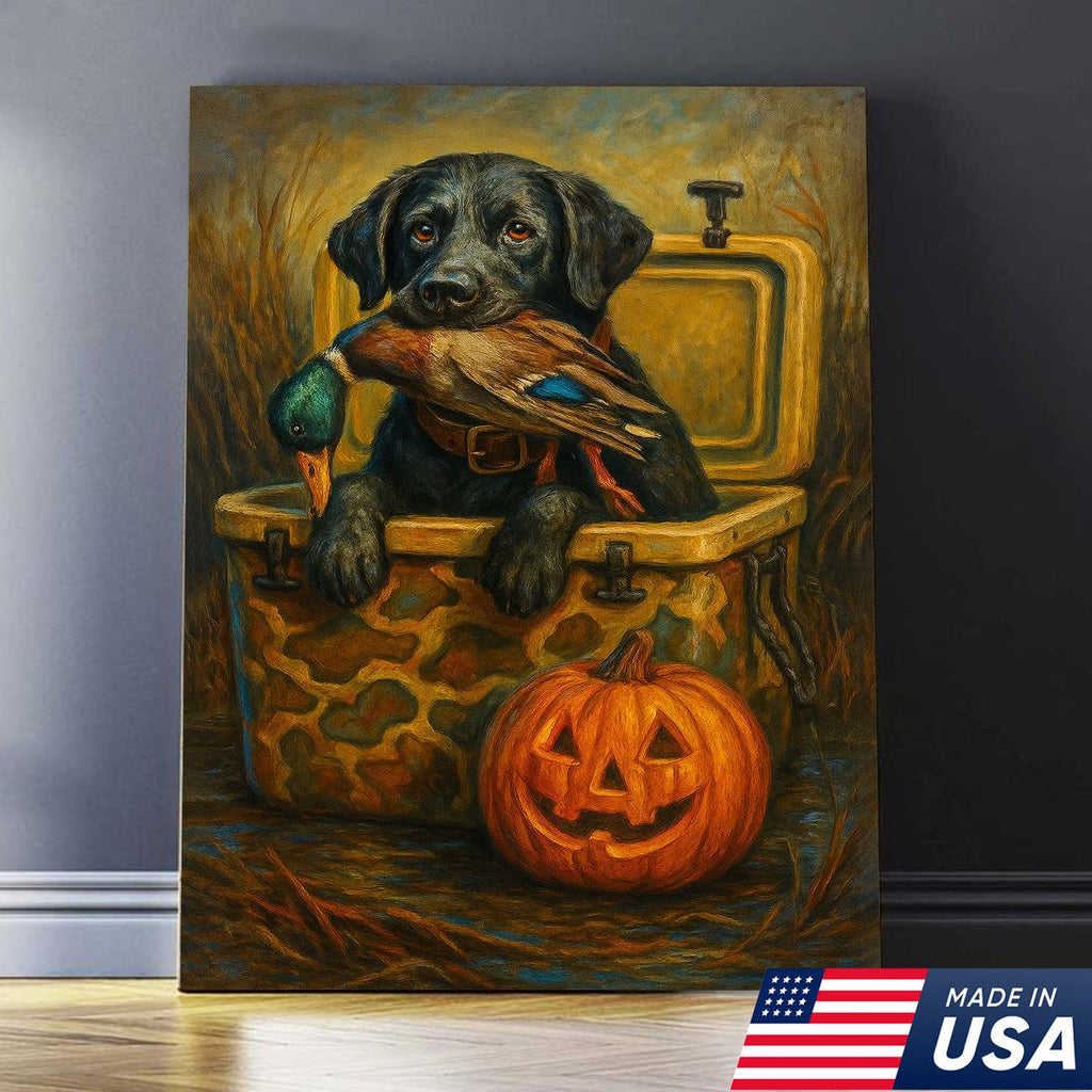 Labrador Retriever Hunting Dog Canvas Wall Art – Black Lab with Duck and Halloween Pumpkin Decor