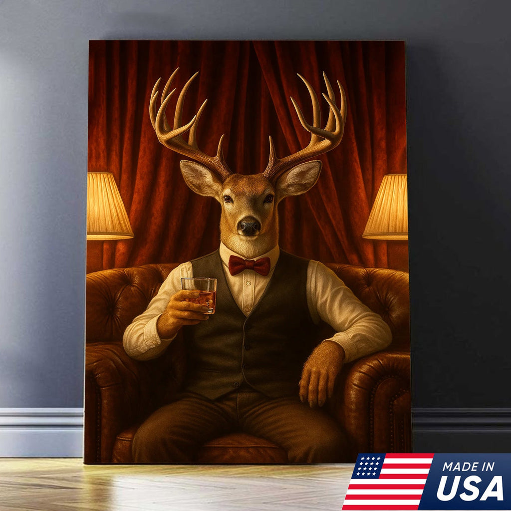 Gentleman Deer Canvas Wall Art – Rustic Hunting Lodge Whiskey Decor