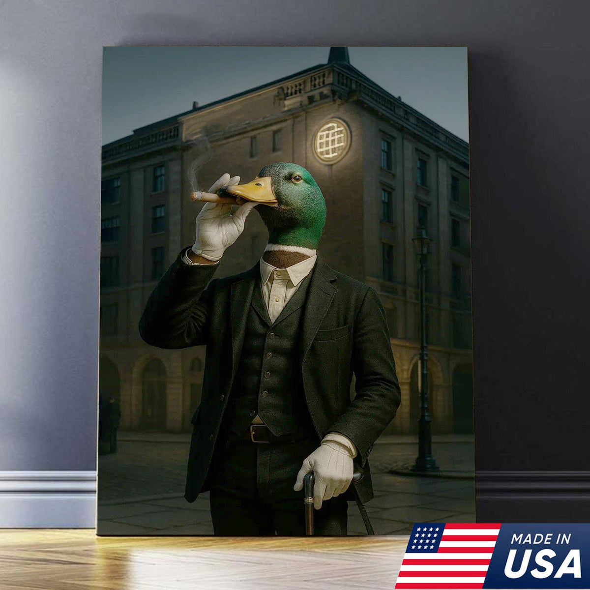Mallard Gentleman Canvas – Duck in Suit Portrait, Vintage Noir Animal Wall Art