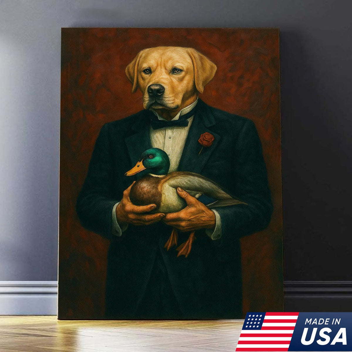 Yellow Labrador Retriever Canvas Wall Art – Distinguished Dog in Tuxedo Holding Mallard Duck