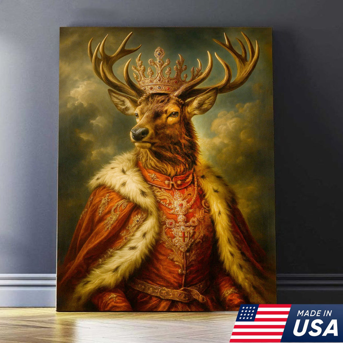 Royal Stag King Canvas Wall Art – Crowned Deer Portrait, Vintage Baroque Animal Print