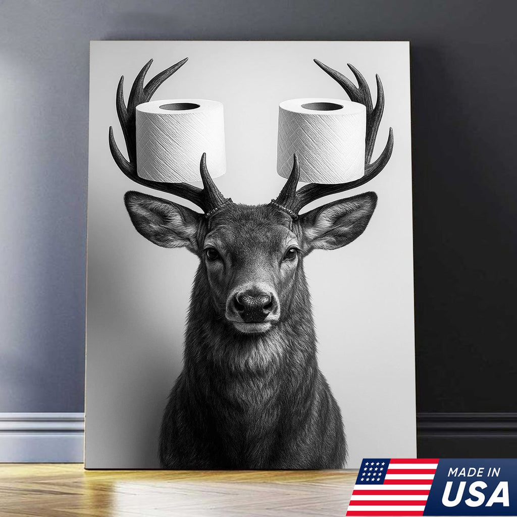 Deer Canvas Wall Art - Funny Animal Portrait with Toilet Paper on Antlers