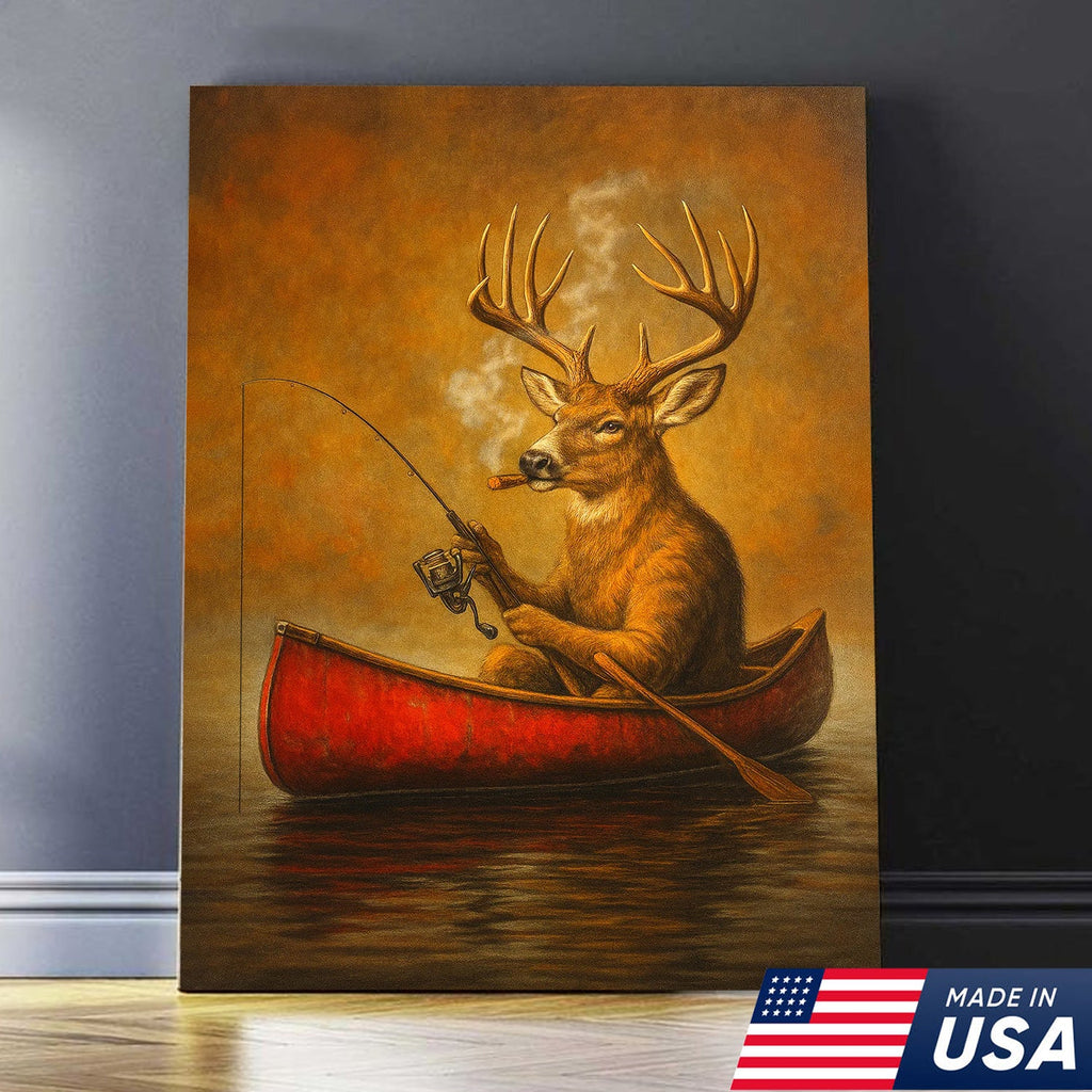 Funny Mule Deer Fishing Canvas Wall Art, Rustic Cabin & Lodge Decor for Hunters