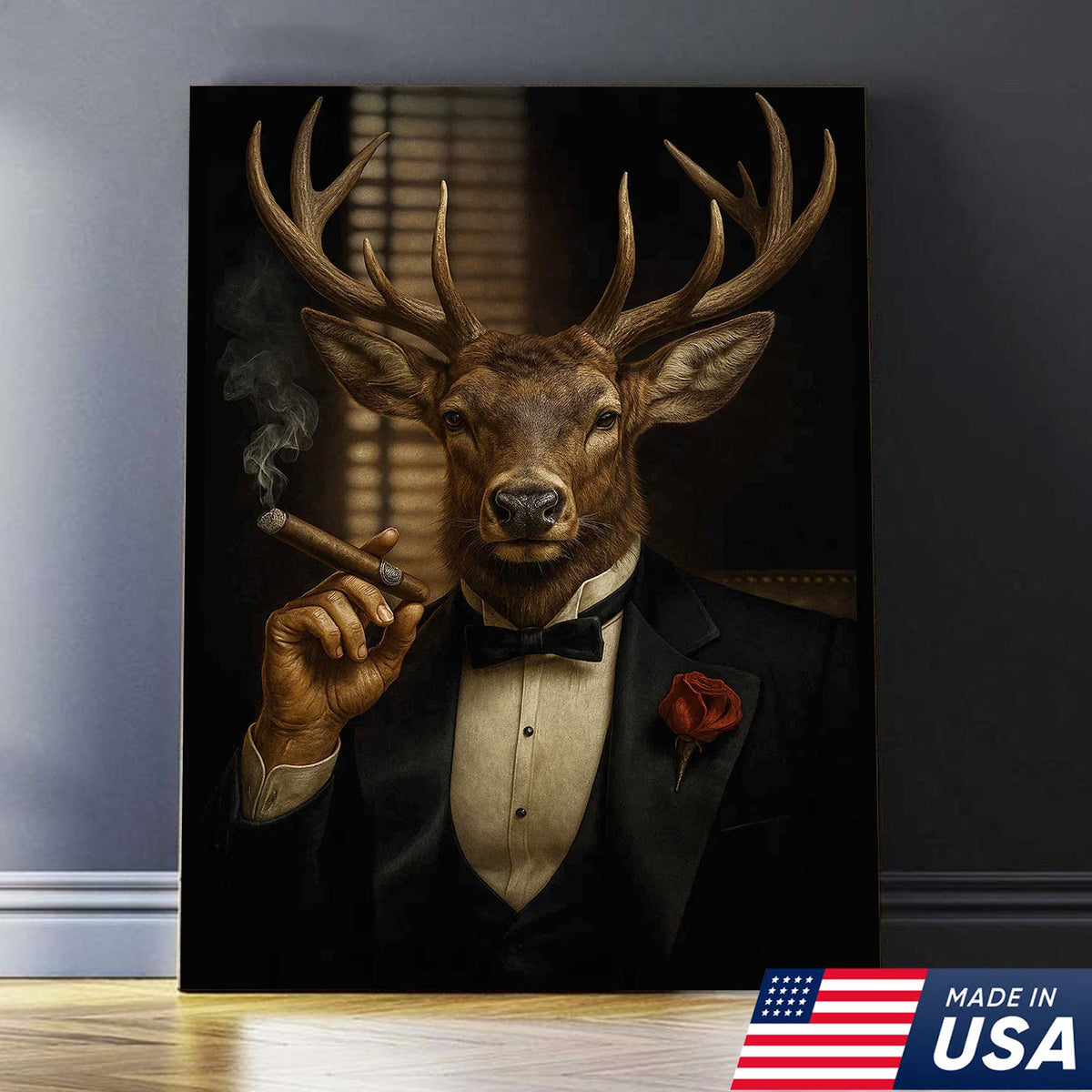 Deer in Tuxedo Canvas Wall Art – Elegant Deer Portrait, Vintage Noir Animal Print