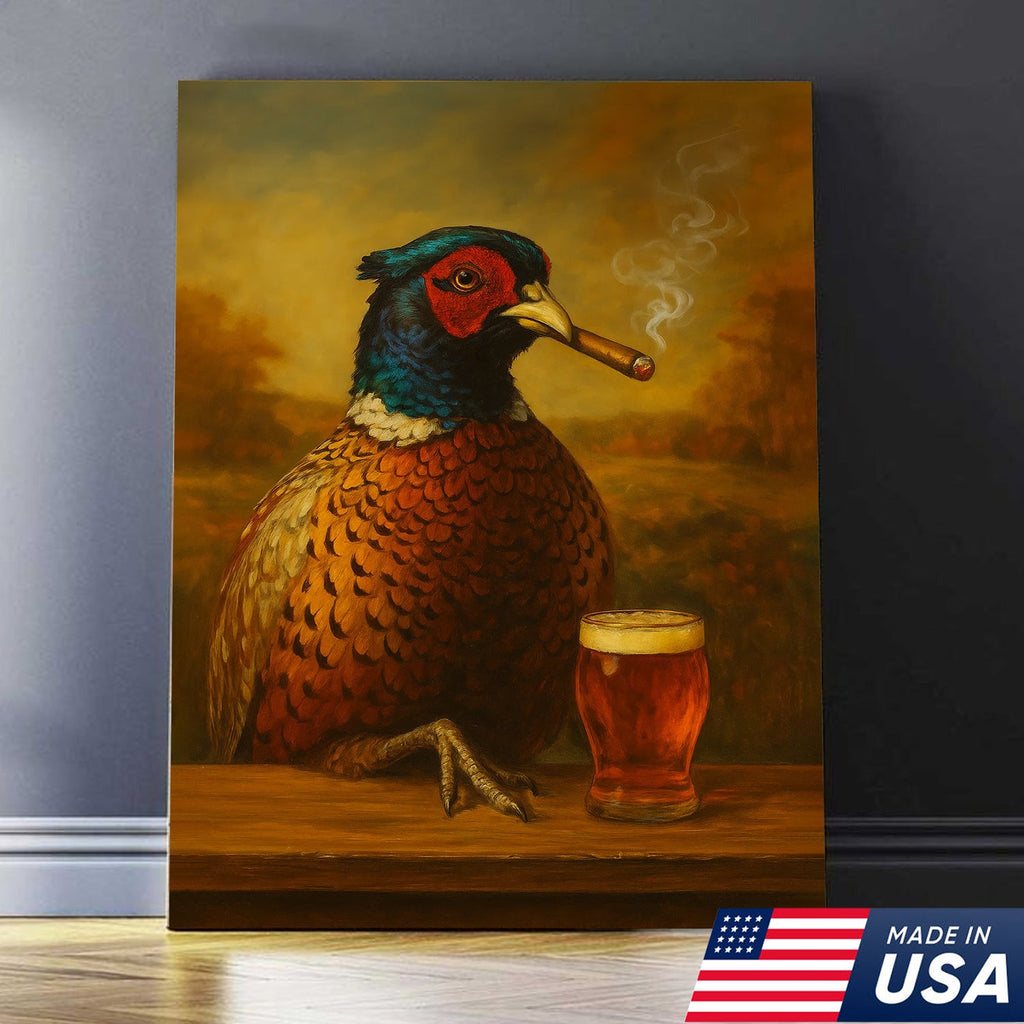 Pheasant With Smoking & Cocktail Glasses Canvas – Hunting Lodge Decor Perfect Gift for Hunters