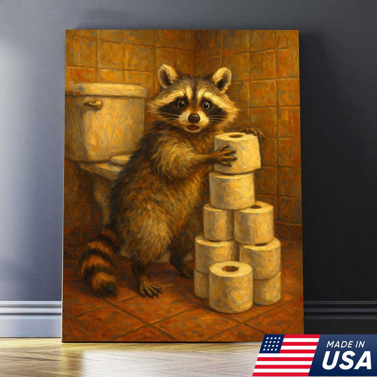 Funny Raccoon Canvas Wall Art – Cute Animal Bathroom Decor with Toilet Paper