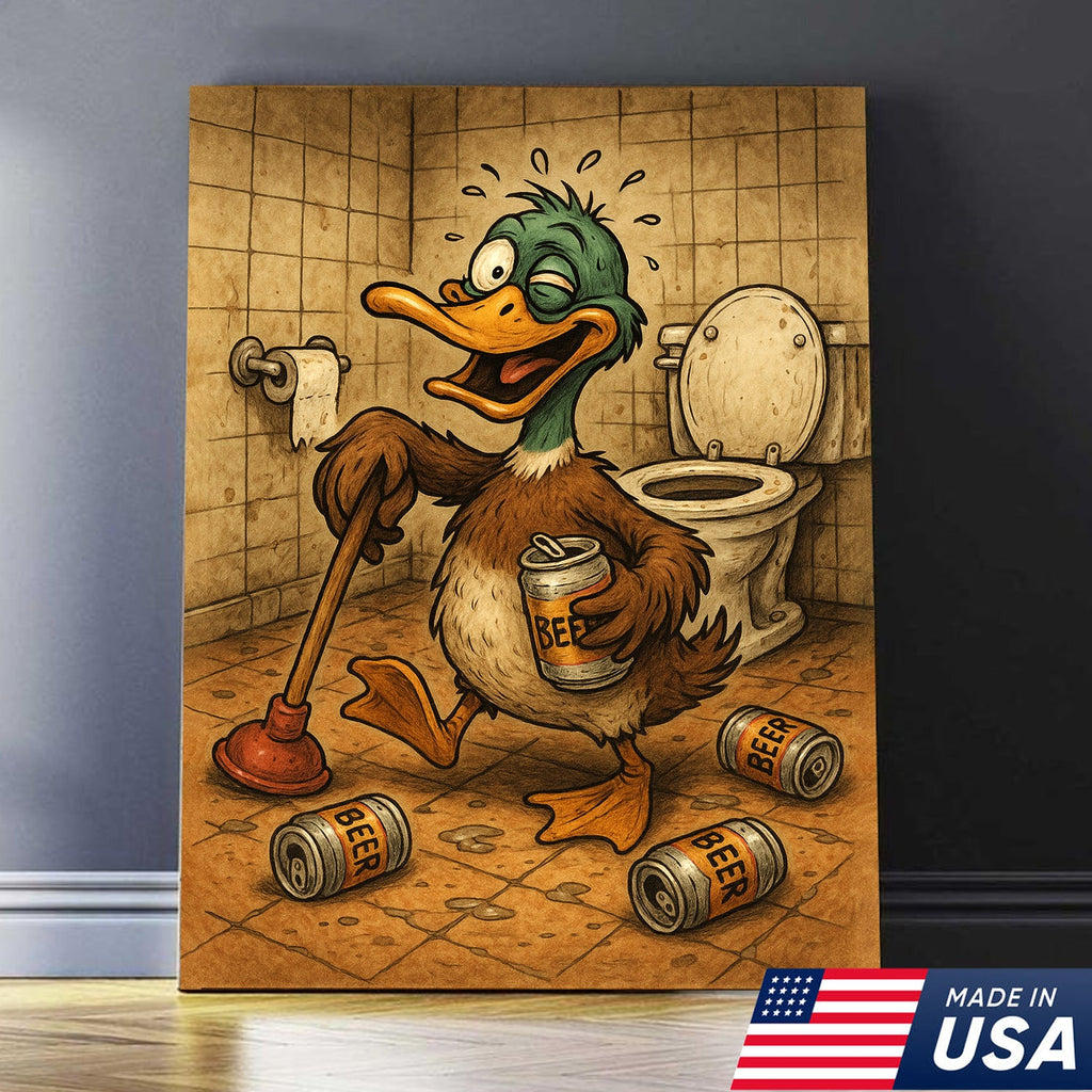 Funny Duck Canvas Wall Art – Hilarious Bathroom Decor with Soda Cans and Plunger