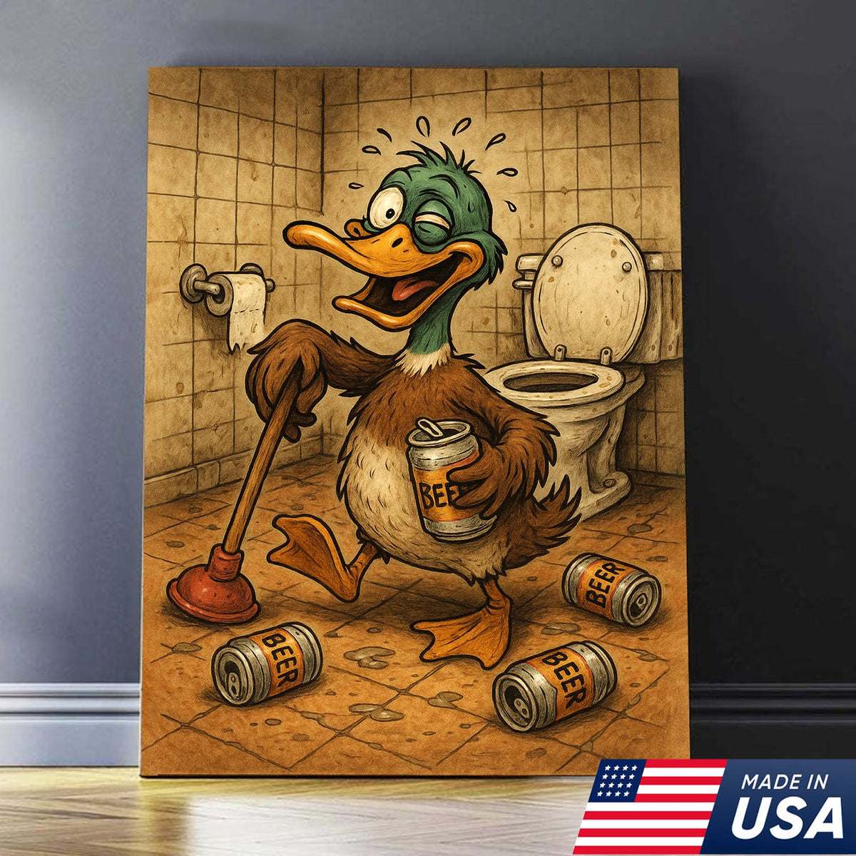 Funny Duck Canvas Wall Art – Hilarious Bathroom Decor with Soda Cans and Plunger