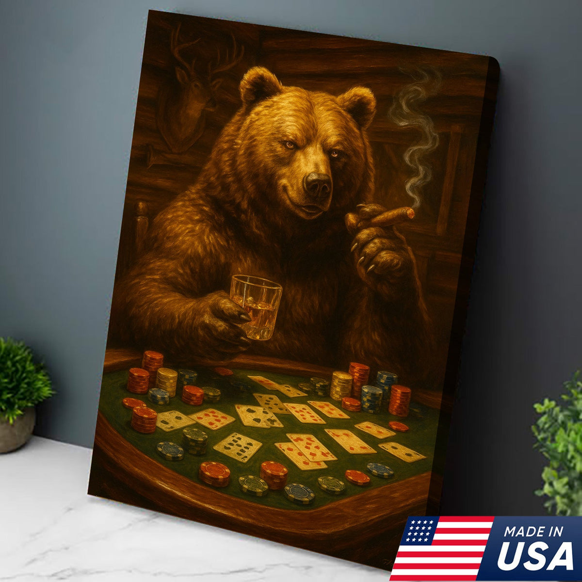 Rustic Bear Poker Canvas Wall Art – Funny Animal Playing Cards Decor