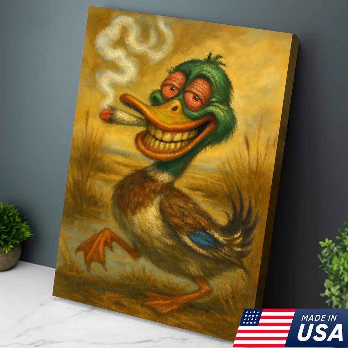 Funny Duck Smoking Canvas Wall Art – Rustic Hunting Cabin Decor, Man Cave & Lodge Gift