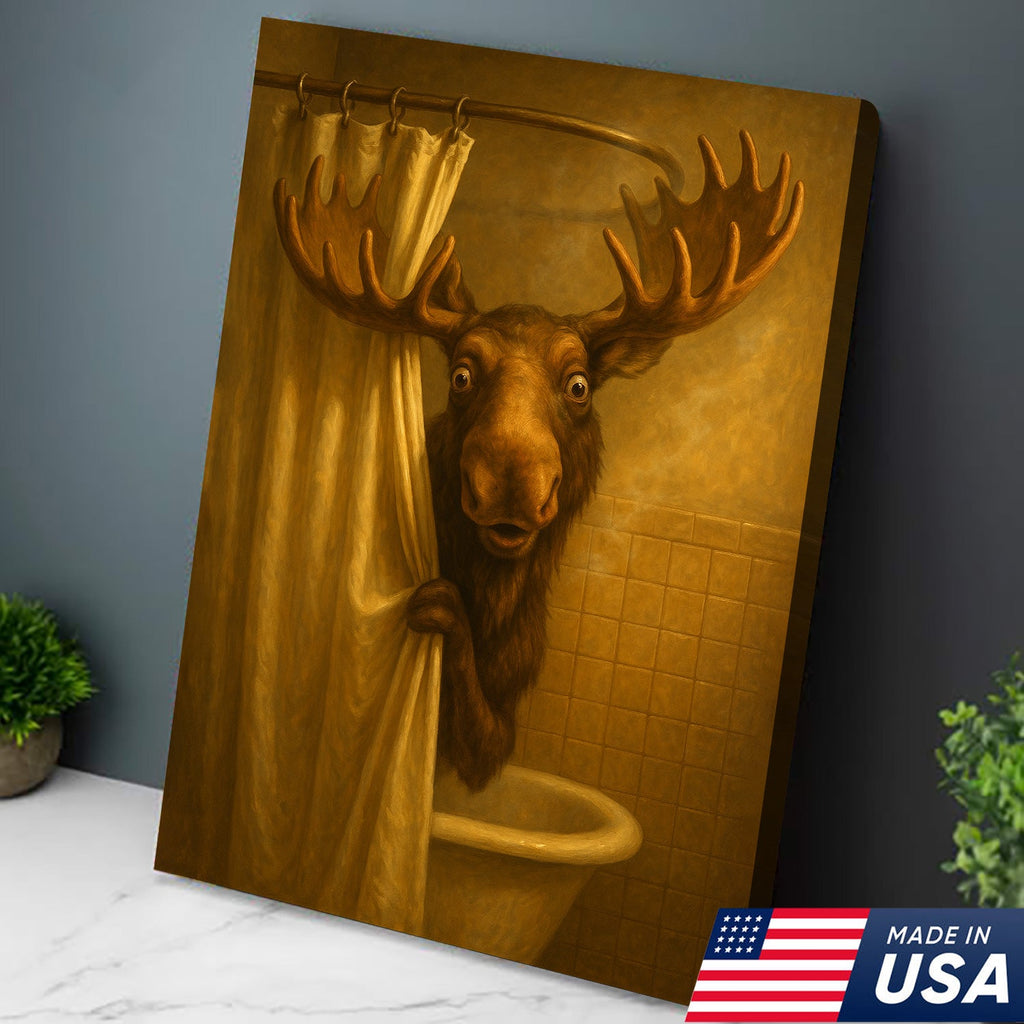 Funny Moose Bathroom Canvas Wall Art – Rustic Lodge Cabin Decor for Bathroom