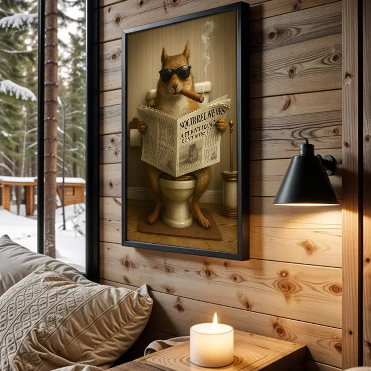 Squirrel Reading News Smoking Bathroom Wall Art – Rustic Decor for Men, Hunting Cabin Canvas