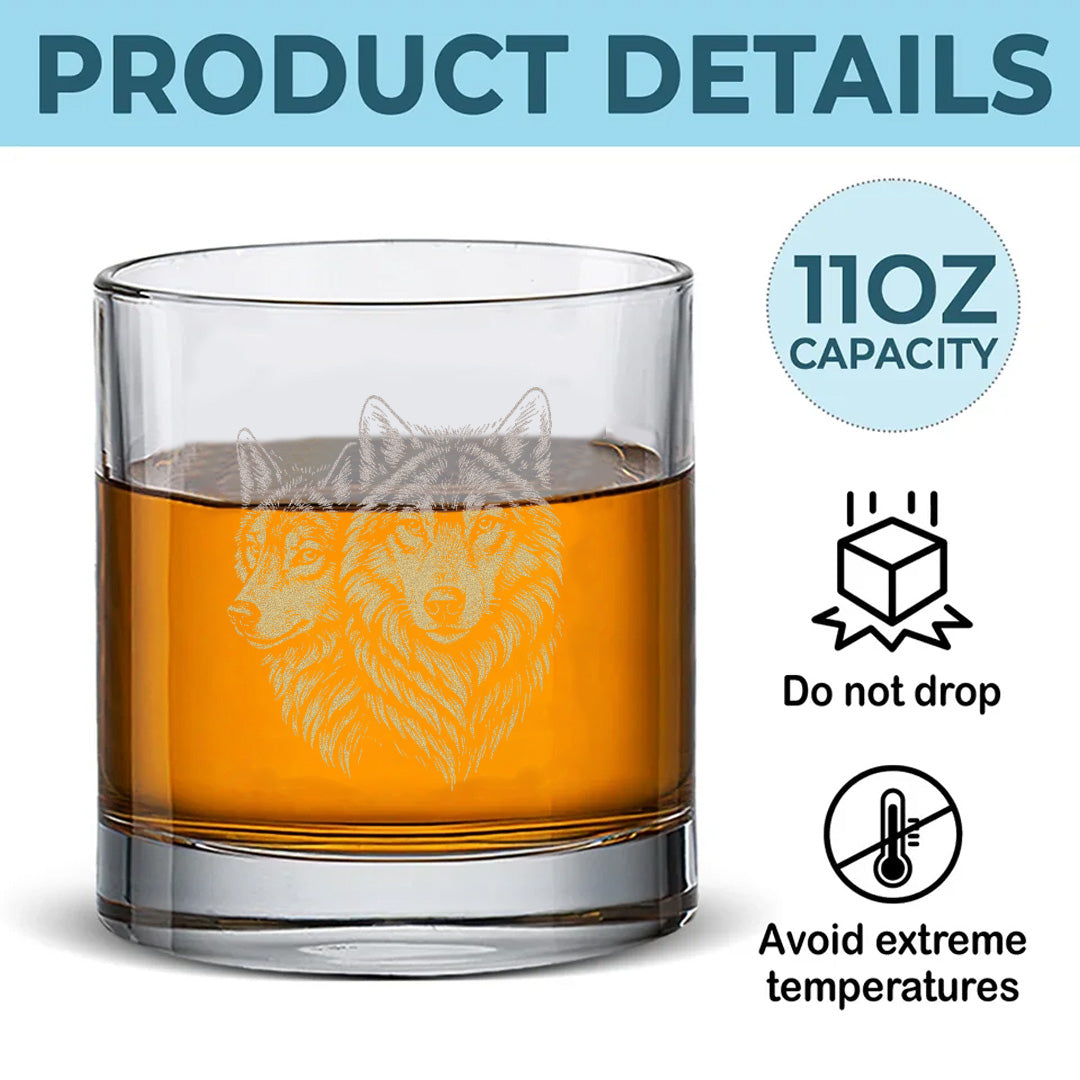 Engraved Wolf Whiskey Glass – Gift for Hunters, Outdoorsmen & Rustic Bar Deco