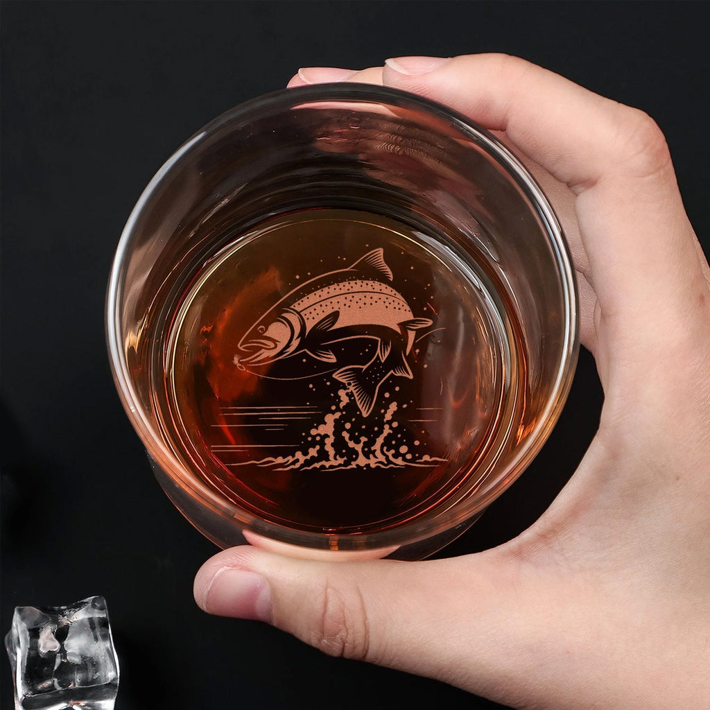 Fishing Engraved Whiskey Glass – Fish Design - Unique Gift for Fishermen & Outdoor Lovers