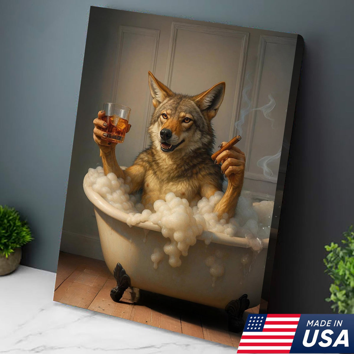 Wolf Coyote Chilling in Bubble Bath Canvas Wall Art – Whimsical Bathroom Decor