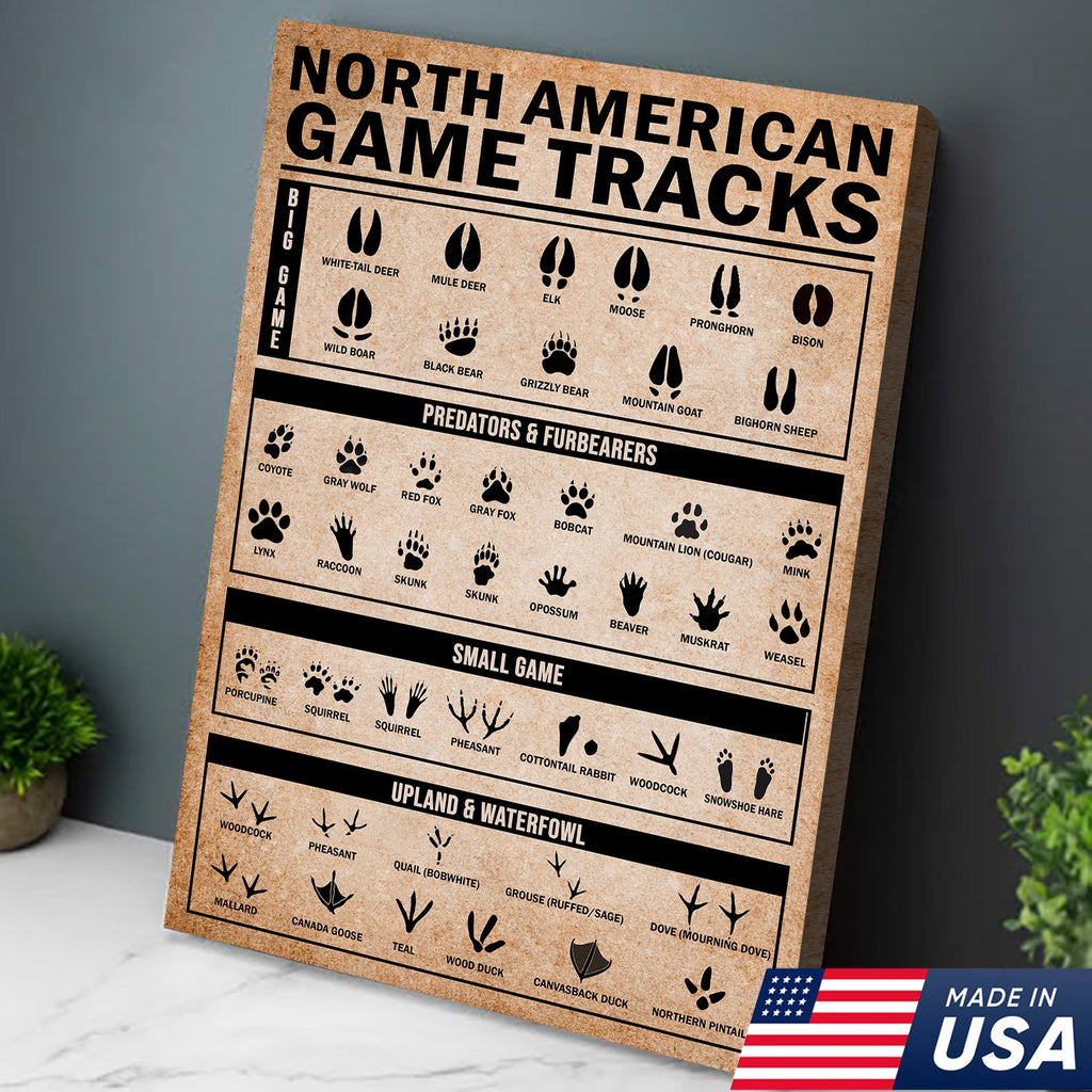North American Game Tracks Canvas, Hunting Lodge Wall Art, Rustic Cabin Canvas Decor