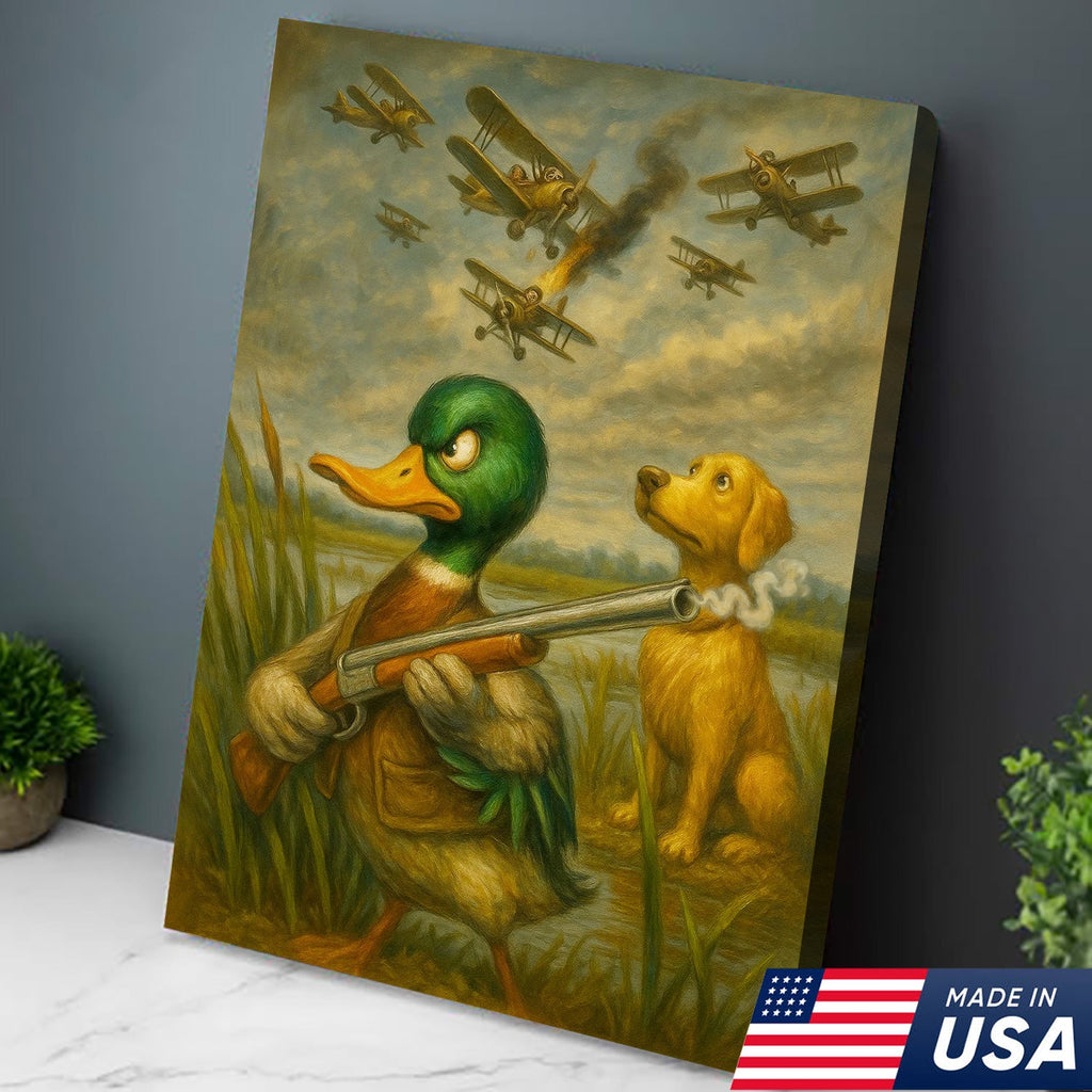 Funny Duck with Shotgun Canvas Wall Art – Hunting Dog & Airplane Battle Rustic Decor