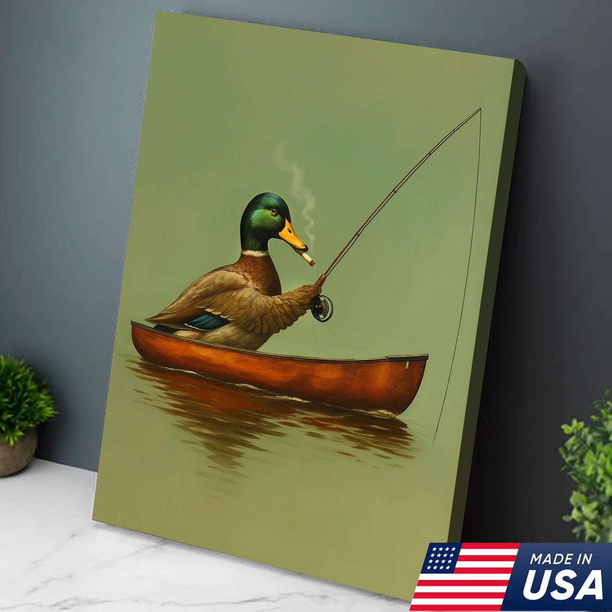 Funny Duck Fishing Canvas Wall Art, Rustic Cabin Decor for Hunters & Fishermen