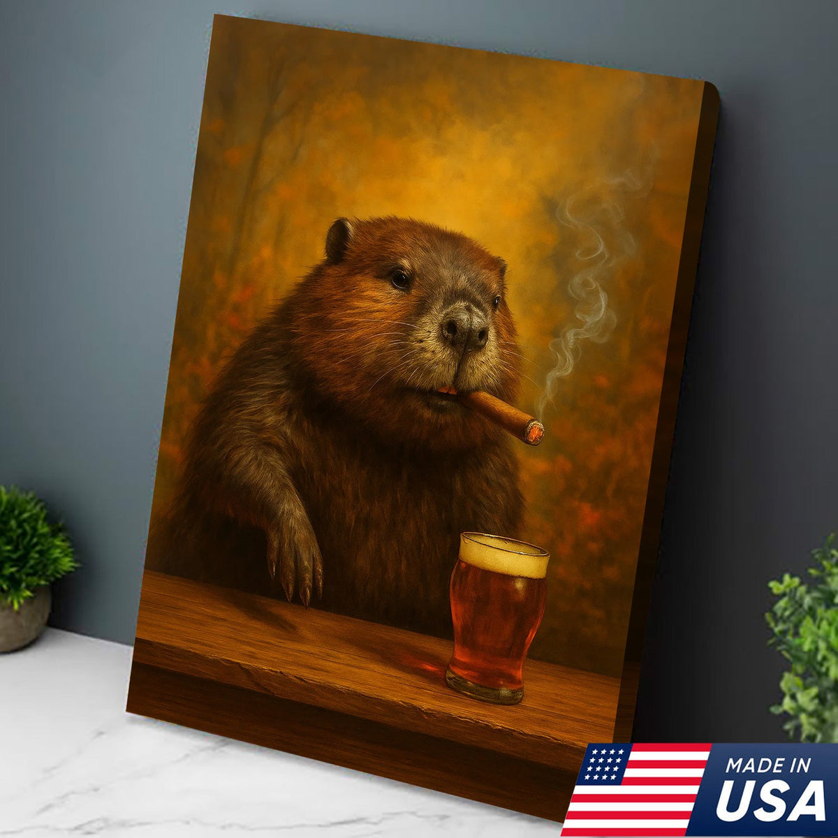 Funny Beaver Smoking with Cocktail Glasses Canvas – Rustic Cabin & Hunting Lodge Wall Art