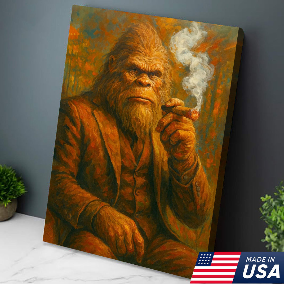 Bigfoot Smoking Canvas, Sasquatch Wall Art Print for Man Cave, Rustic Cabin