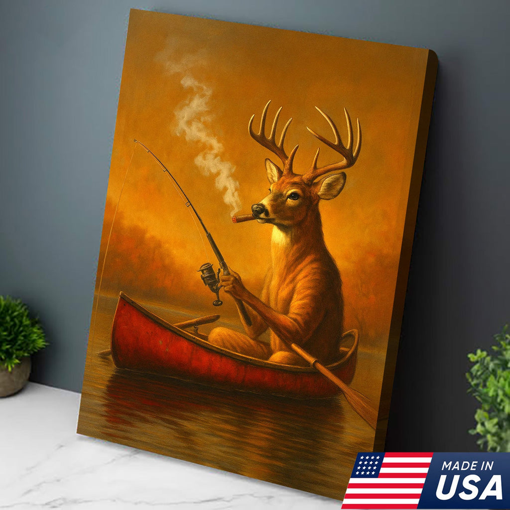 Rustic White Tailed Deer Fishing Canvas, Funny Hunting Wall Art for Fisherman & Hunter Gift Decor